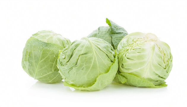 Fresh green cabbages isolated on white background, group of whole and sliced organic cabbage vegetables