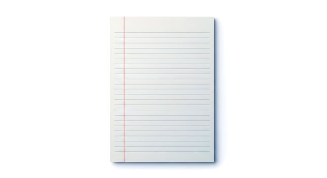 A single sheet of lined notebook paper with a red margin line isolated on white background