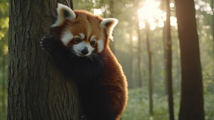 Fototapeta premium Adorable red panda climbing tree in lush green forest setting