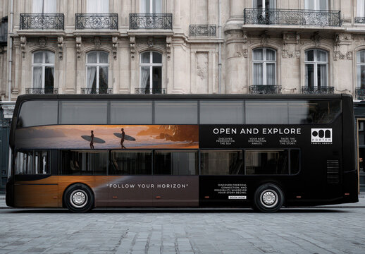 Double Decker Bus Mockup With Surf Advertisement PSD