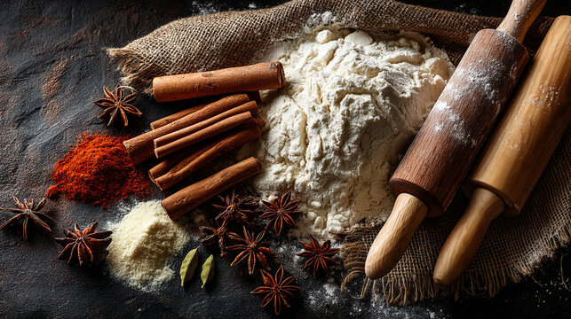 Baking ingredients flour cinnamon star anise on dark background with cinnamon ingredients preparation