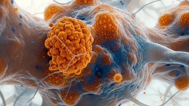 Cellular tissue with orange particles, microscopic biology, medical research, microbiology concept.