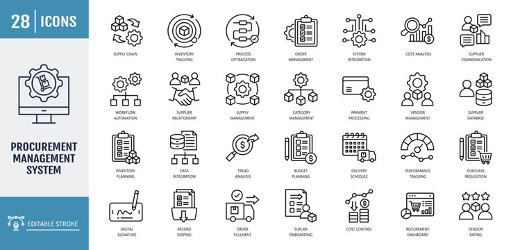 procurement management icon set. including supplier, sourcing, purchasing, negotiation, contract, business. outline icon set. vector illustration with editable stroke