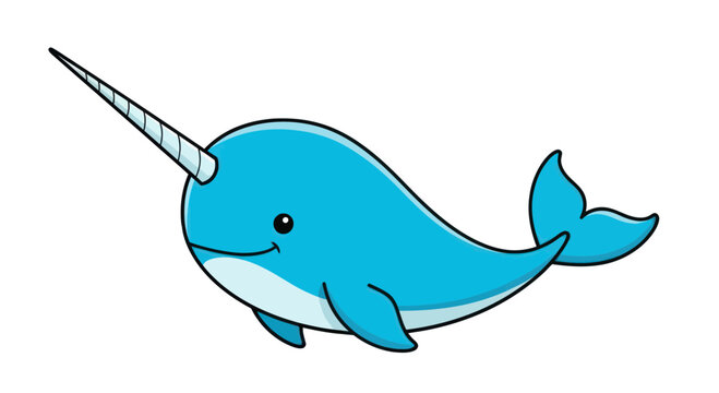 Cute cartoon narwhal swimming, marine mammal with tusk, Arctic ocean animal illustration