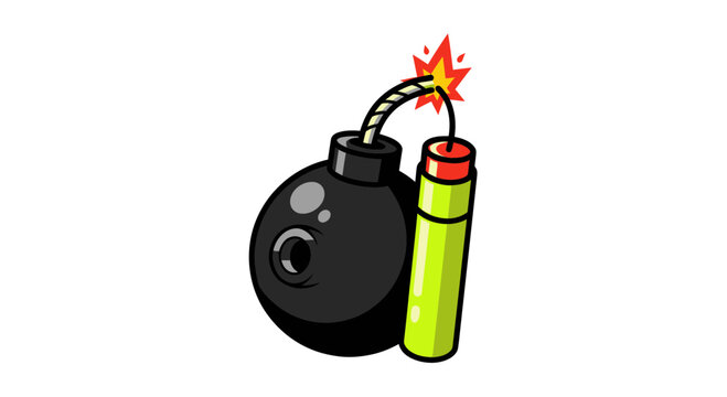 Cartoon Bomb with Lit Fuse and Dynamite Stick