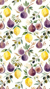 Seamless Watercolor Pattern with Fresh Figs, Lemons, and Olive Branches on White Background