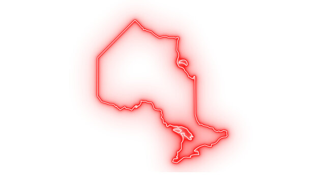 Vibrant red neon outlined map of Ontario Canada glowing with modern electric light effect highlighting the provincial borders isolated on transparent background