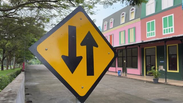 Yellow diamond sign shows dual-direction arrows. Road ahead splits left or right. Colorful buildings line the street. Trees stand beside the pavement. No people are visible