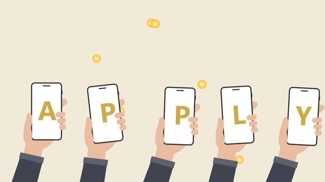 hands wave phone with apply word and coin fall. Job recruitment ads
