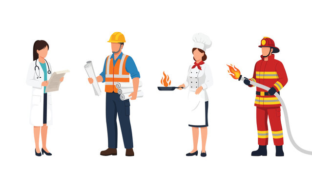 Diverse professional workers illustration. Doctor, engineer, chef, and firefighter representing various career paths and essential jobs.