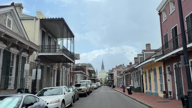 Walking tour in French Quarter, New Orleans near Bourbon Street in Louisiana