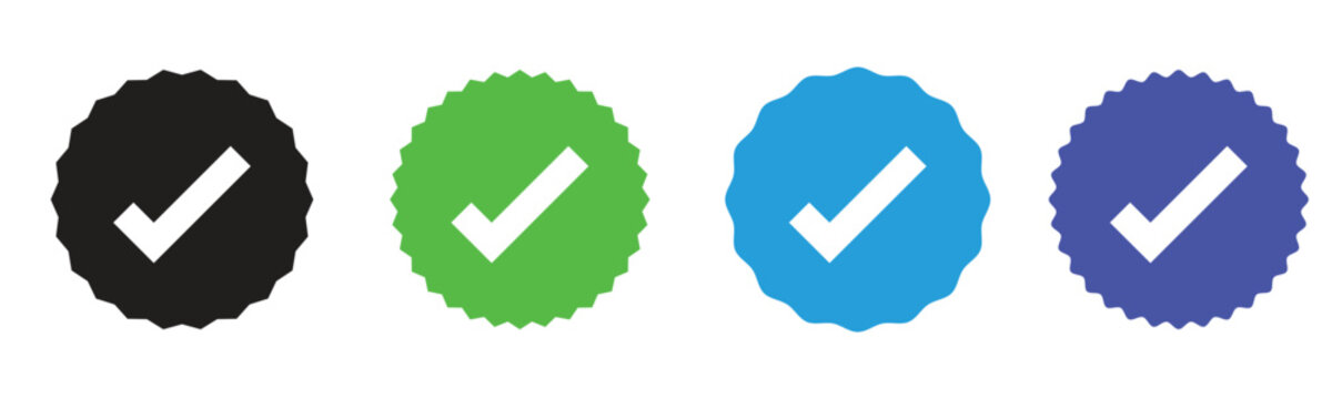 Colorful check mark badge icons set with verified approval and quality assurance symbols