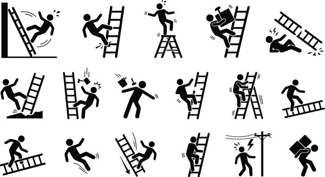Comprehensive collection of construction safety pictograms showing various ladder accidents including falling slipping electric shock and carrying heavy loads for workplace hazard prevention occupatio