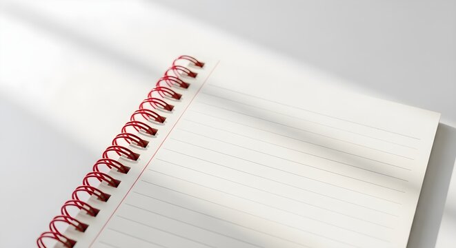 Close up of a spiral notebook with red wire binding and lined pages
