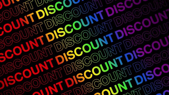 DISCOUNT neon glow text opening motion animation video, ecommerce marketing repeating scrolling text kinetic typography seamless loop intro social media rainbow type on black backdrop bg outro