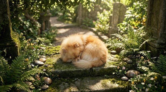 Fluffy dog sleeping curled up in a garden
