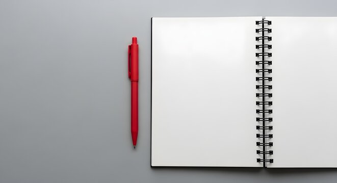 Open spiral notebook with red pen on gray background