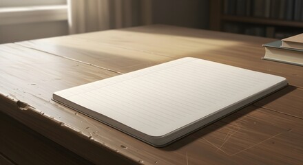 Fototapeta premium A blank lined notebook resting on a rustic wooden table, illuminated by soft natural light, with a blurred bookshelf in the background