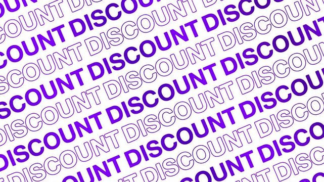 DISCOUNT neon glow text opening motion animation video, ecommerce marketing repeating scrolling text kinetic typography seamless loop intro social media violet type on white backdrop bg outro