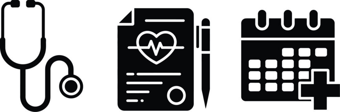 Stethoscope medical chart with pen and calendar with plus sign health doctor healthcare vector illustration, modern medical service concept showing patient records appointment planning clinical 