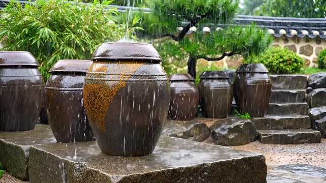 Traditional Korean Onggi Jars in a Rainy Garden Setting.