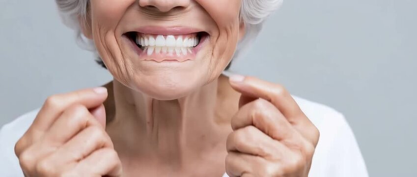 An elderly woman adjusting all of her dentures in her mouth