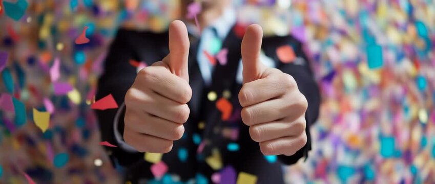 A person expressing joy, pleasure, and happiness with a thumbs-up gesture against a vibrant confetti backdrop