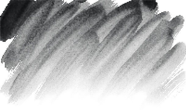 Dynamic halftone paint stroke illustration with black dot gradient on transparent background for modern graphic concepts.