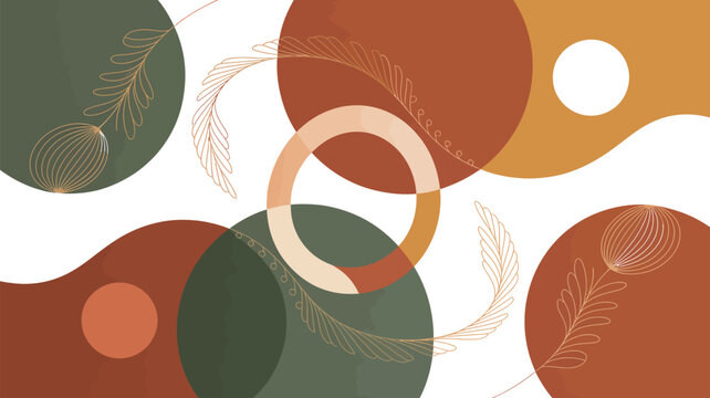 Abstract Floral Circle Design: A contemporary graphic design showcases a harmonious blend of earthy tones and delicate feather accents, evoking a sense of artistic elegance and organic beauty.