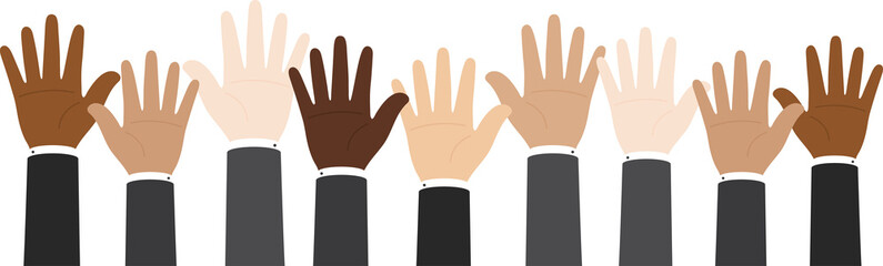 Obraz premium Flat design illustration of businessmen hand in suit raising their hands. Business concept.