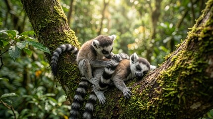 Fototapeta premium Two ring tailed lemurs grooming each other on a mossy tree