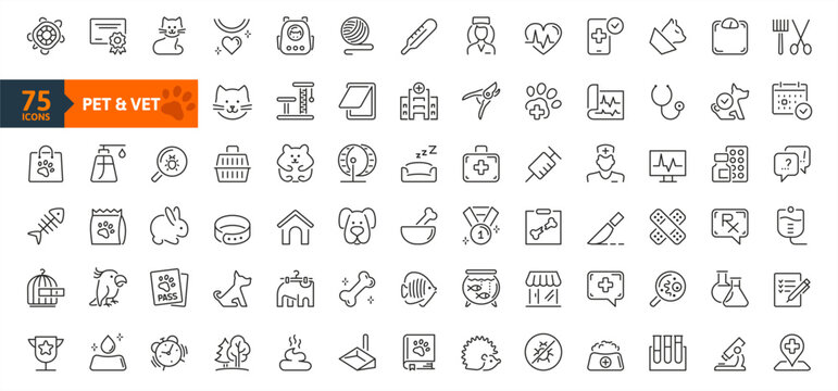 Outline web icon set - pet, vet, pet shop, types of pets, vet clinic, veterinary medicine. Minimal thin line web icons collection. 