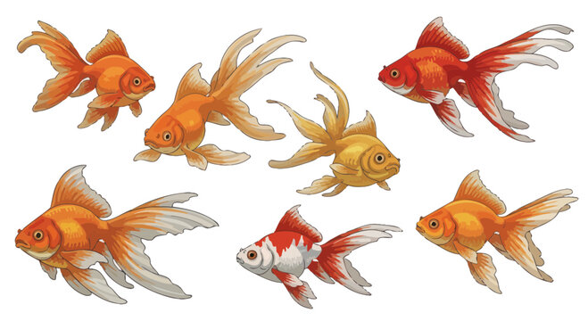Group of Seven Goldfish Swimming Together - Realistic Illustration