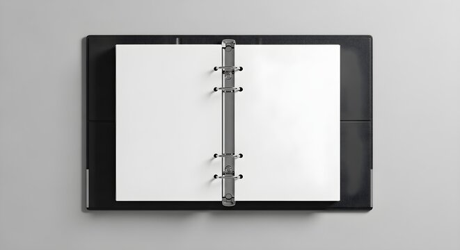 Top view of an open black leather ring binder notebook with blank white pages, professional stationery mockup for branding and design presentation