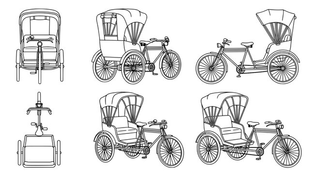 Minimalist Line Art Illustrations of Cycle Rickshaws Collection