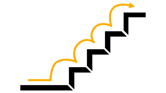 Business growth staircase with upward arrow, success and progress concept, minimalist vector illustration isolated on white background, clean modern design.