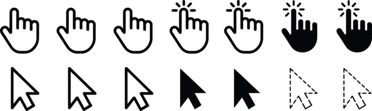Computer mouse click cursor icon set, minimalist vector icons showing pointer hand and arrow cursors for website interface and clickable action elements.