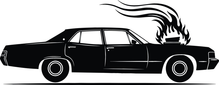 Black muscle car silhouette with flames, vintage hot rod vehicle illustration for automotive design, speed concepts, racing themes, and bold graphic artwork