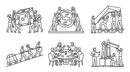 Obraz premium Collaboration and Teamwork Vector Line Art Collection Illustrations