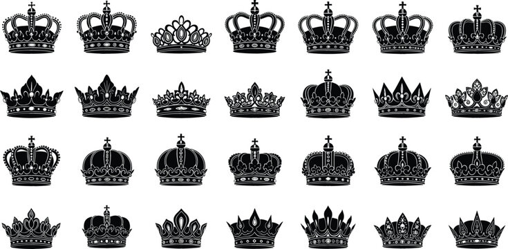 Collection of vintage royal crowns silhouettes set, ornate king and queen tiaras, heraldic monarchy symbols, luxury jewelry vector illustration bundle isolated on white background
