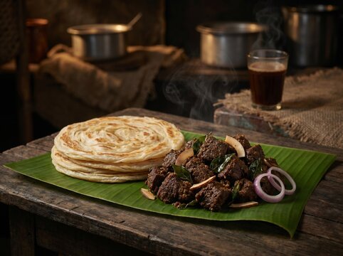 Steaming spicy meat roast and flaky layered parotta served on a fresh green banana leaf. Garnished with coconut and onion on a rustic dark wooden table with hot black tea.