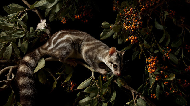 Genet on Branch with Berries Watching Moth &ndash; Elegant Wildlife Portrait on Black Background