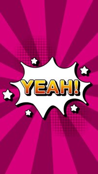 Yeah text word lettering popup comic cartoon reveal with bomb and smoke explosion manga anime book page dots radial speed lines doodle pink background seamless loop vertical animation retro clip