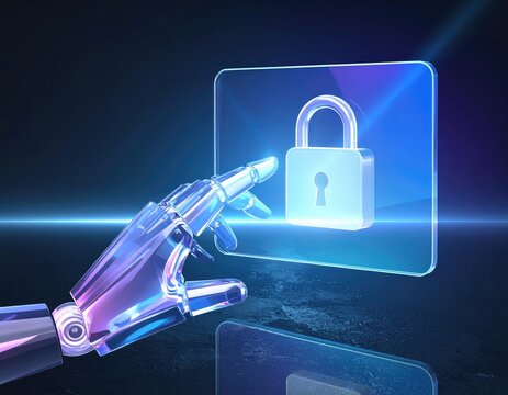 Robotic Hand Touching Digital Padlock, Concept of AI Cybersecurity, Future Data Protection