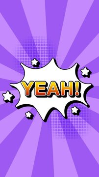Yeah text word lettering popup comic cartoon reveal with bomb and smoke explosion manga anime book page dots radial speed lines doodle lavender background seamless loop vertical animation retro clip