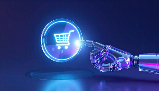 Robotic Hand Touching Digital Shopping Cart Icon, AI Powered E-commerce and Futuristic Online Retail Technology Concept