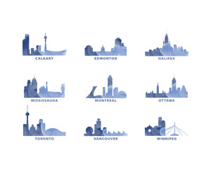Naklejka premium Canada cities icon set, watercolor vector city skyline of Calgary, Edmonton, Halifax, Mississauga, Montreal, Ottawa, Toronto, Vancouver, Winnipeg. Isolated clip art pack for web or graphic design