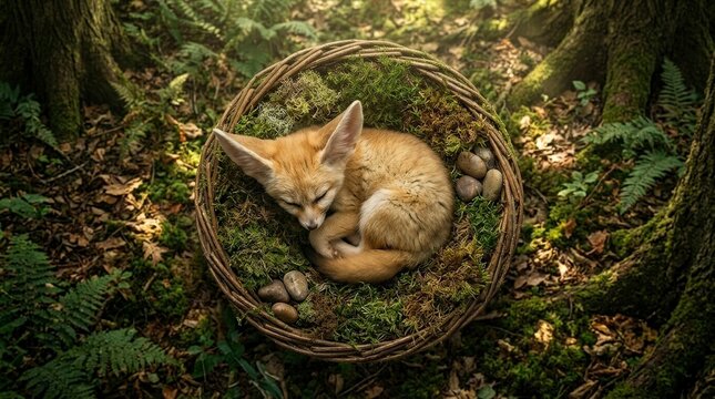 Sleeping fennec fox in a mossy basket in a forest