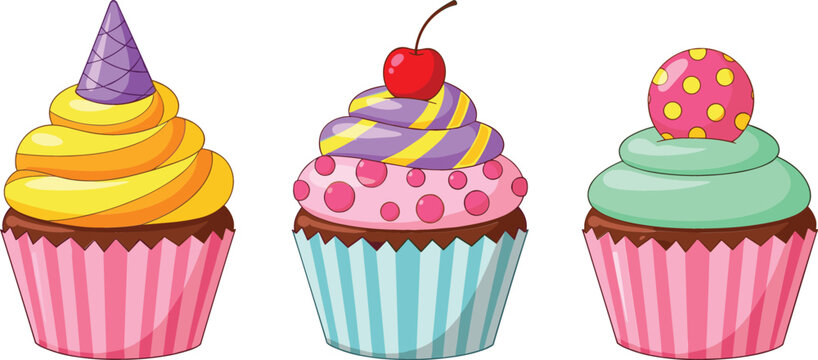 Colorful cupcake set with frosting, sprinkles, cherry topping, and decorative designs, cute dessert illustrations for bakery menu, party themes, and sweet food branding
