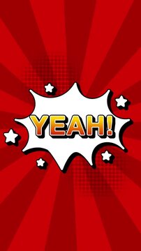 Yeah text word lettering popup comic cartoon reveal with bomb and smoke explosion manga anime book page dots radial speed lines doodle red background seamless loop vertical animation retro clip